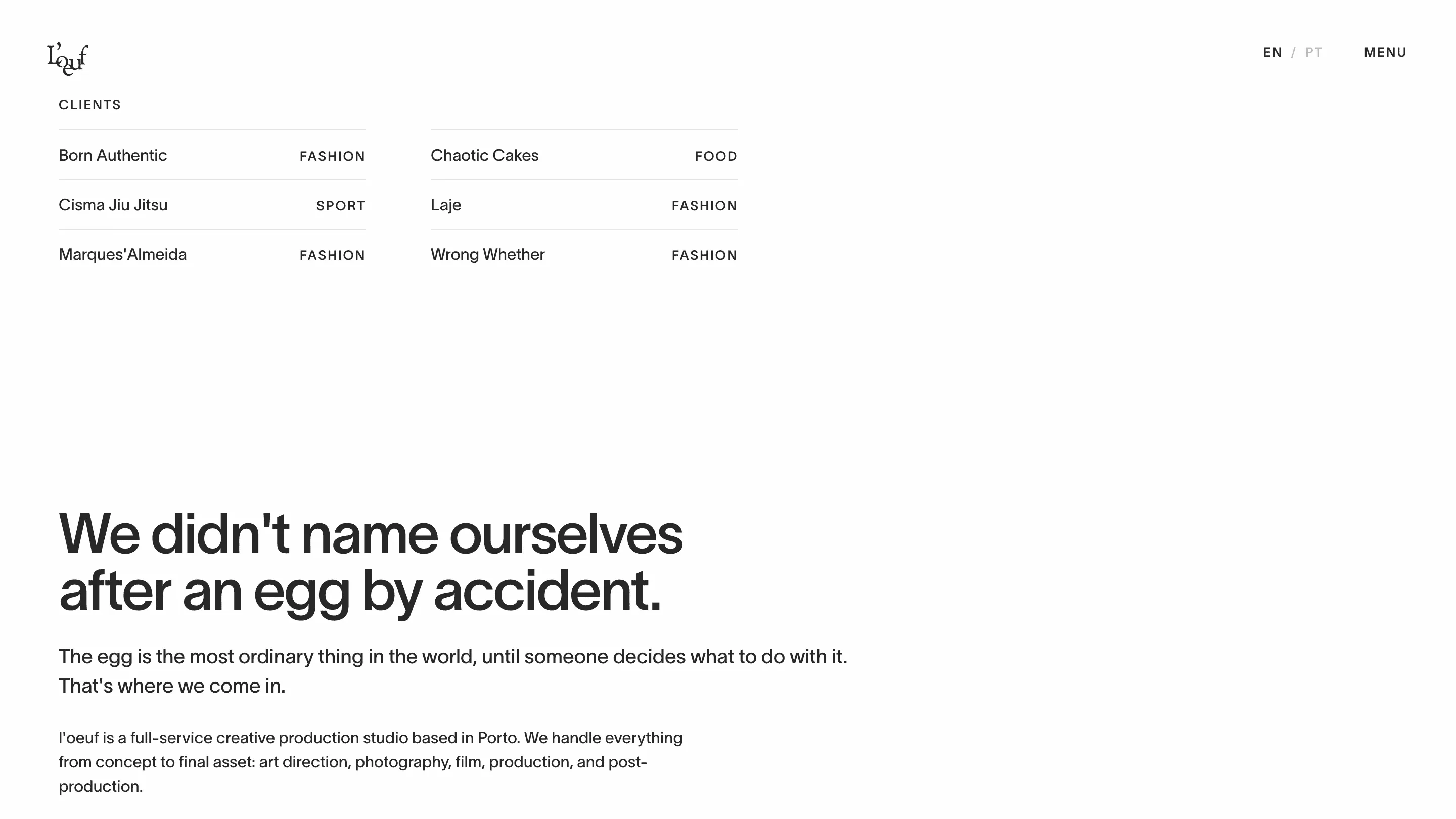 The client roster set as a plain two-column table, and the manifesto that follows it.
