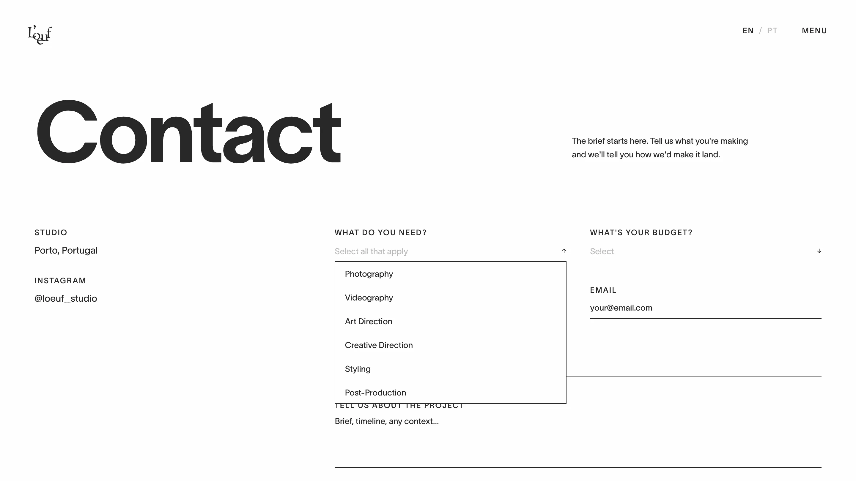 The brief form: nine services and six budget bands, so an enquiry arrives already qualified.