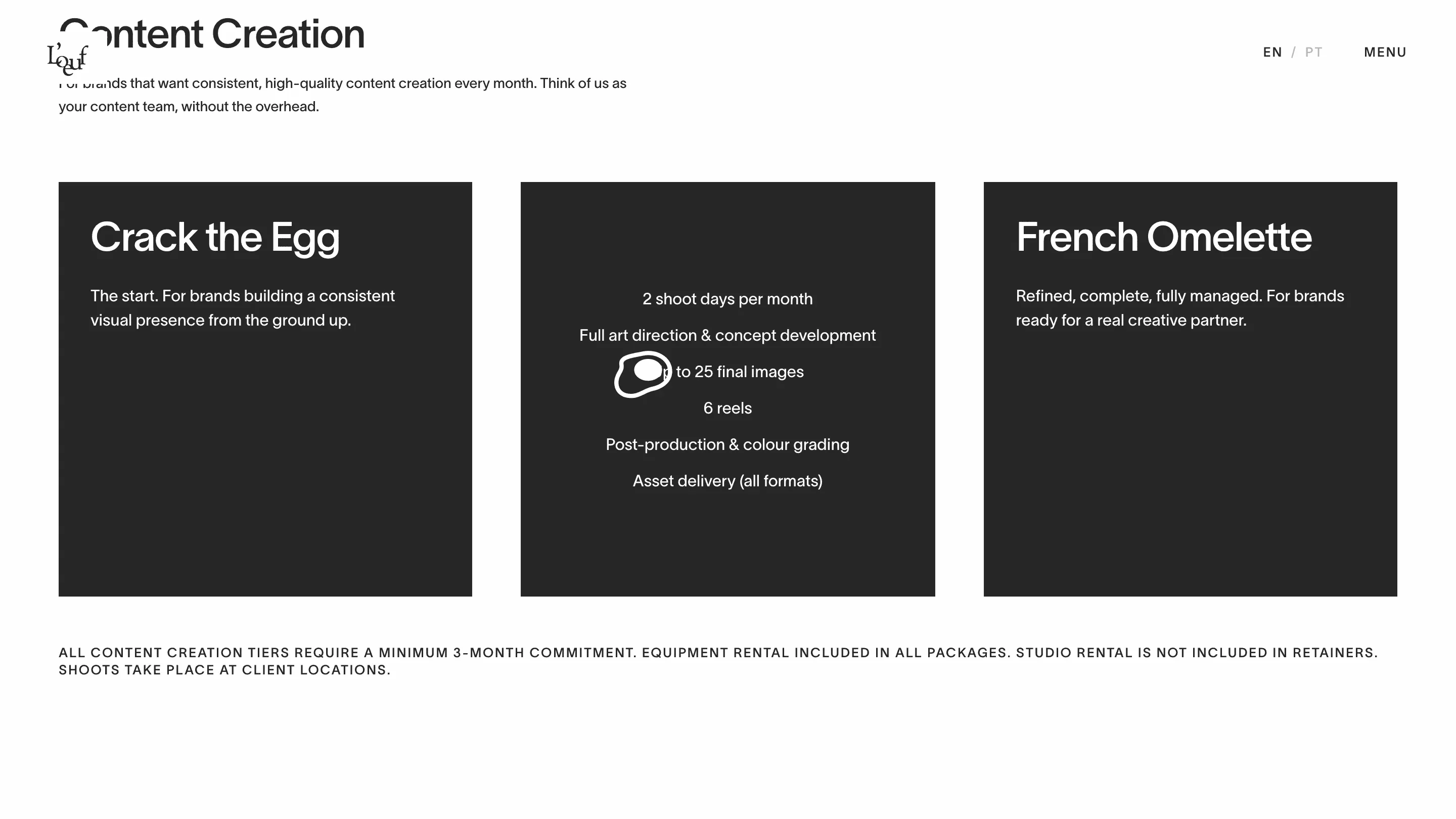 A custom cursor throughout: an egg at rest, cracked open over anything clickable, inverted on dark surfaces.