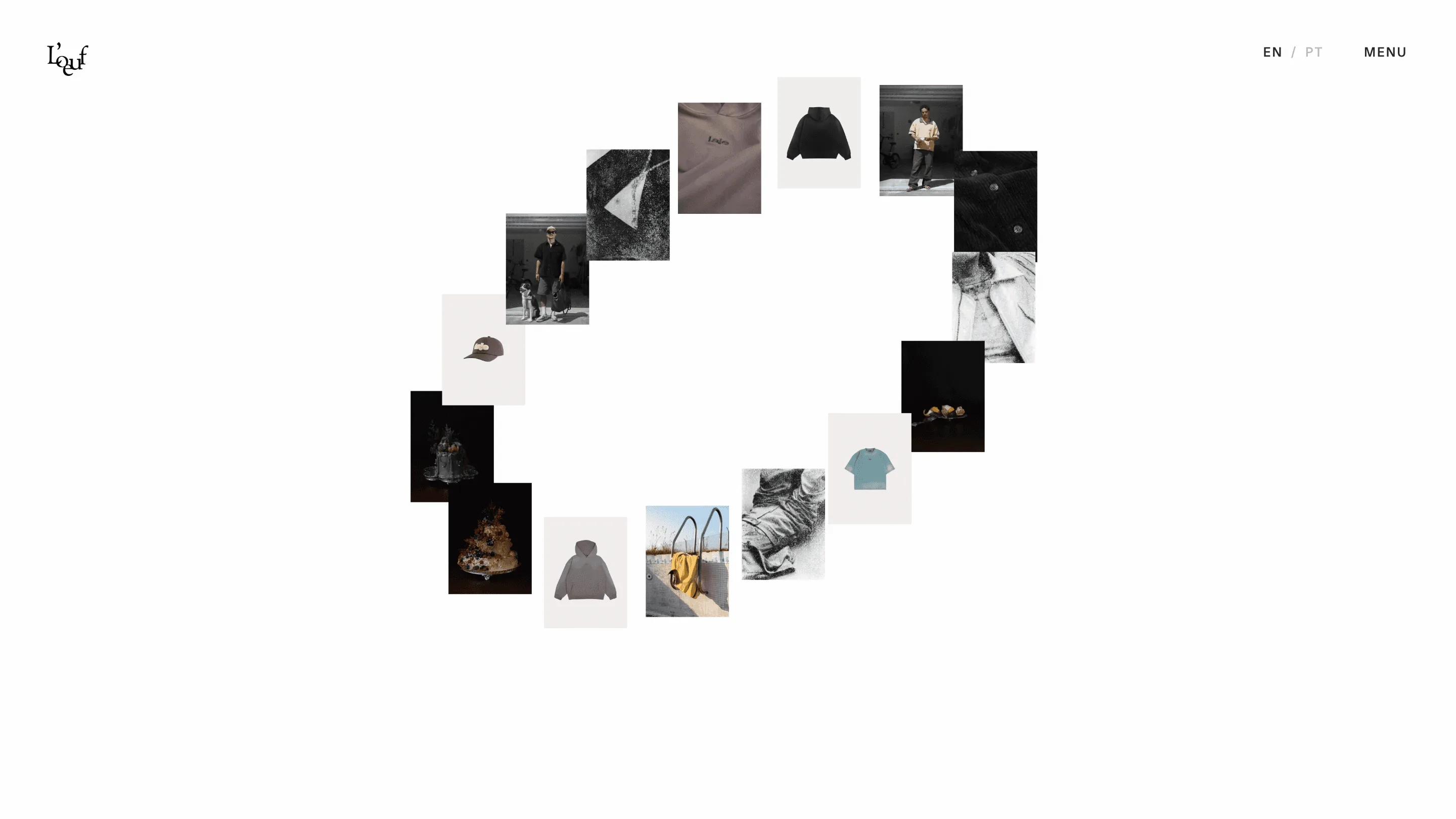 The work scattered into the shape of an egg. The brand mark is the layout.