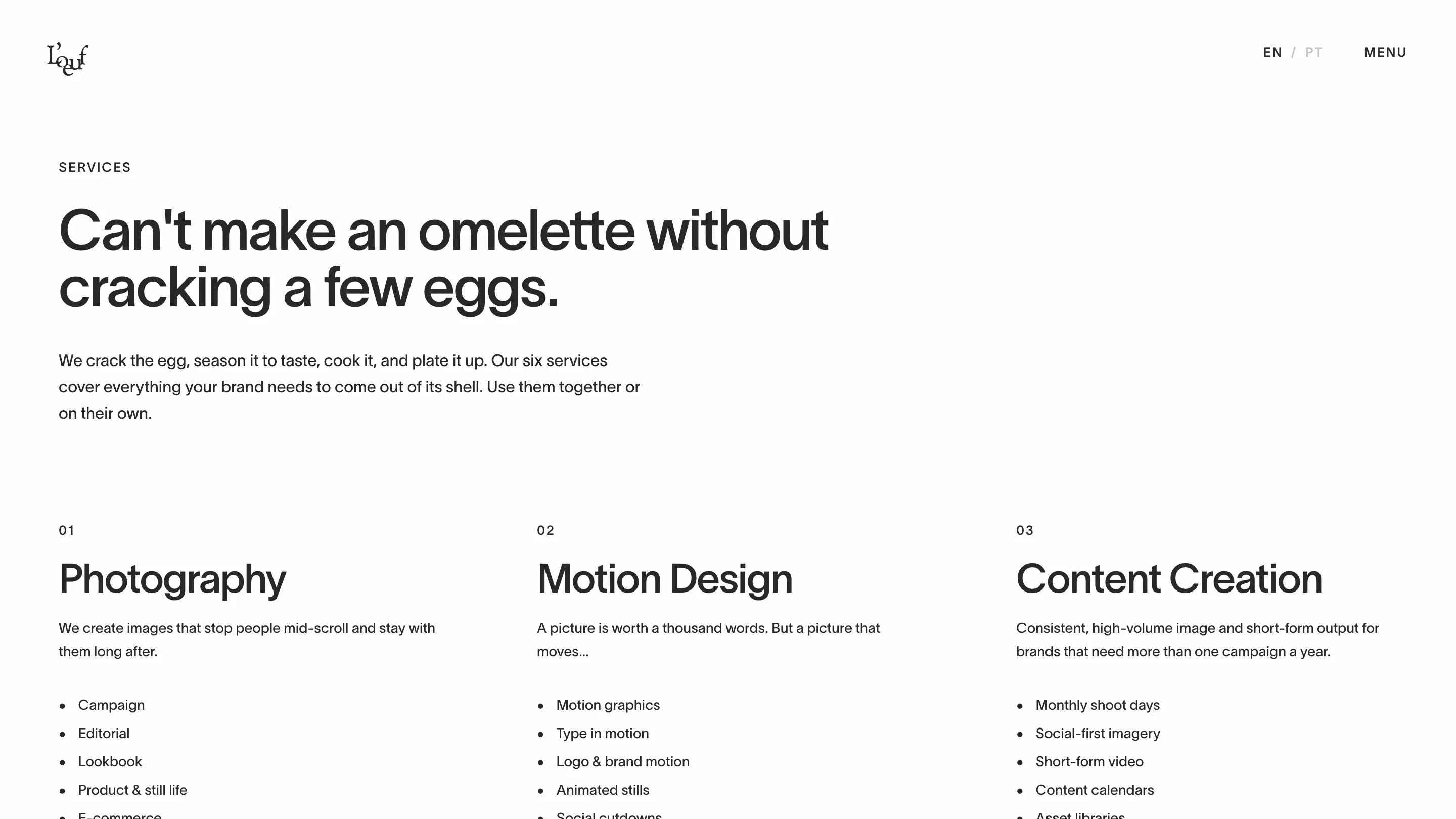 Six services, each with its deliverables listed. No cards, no icons.