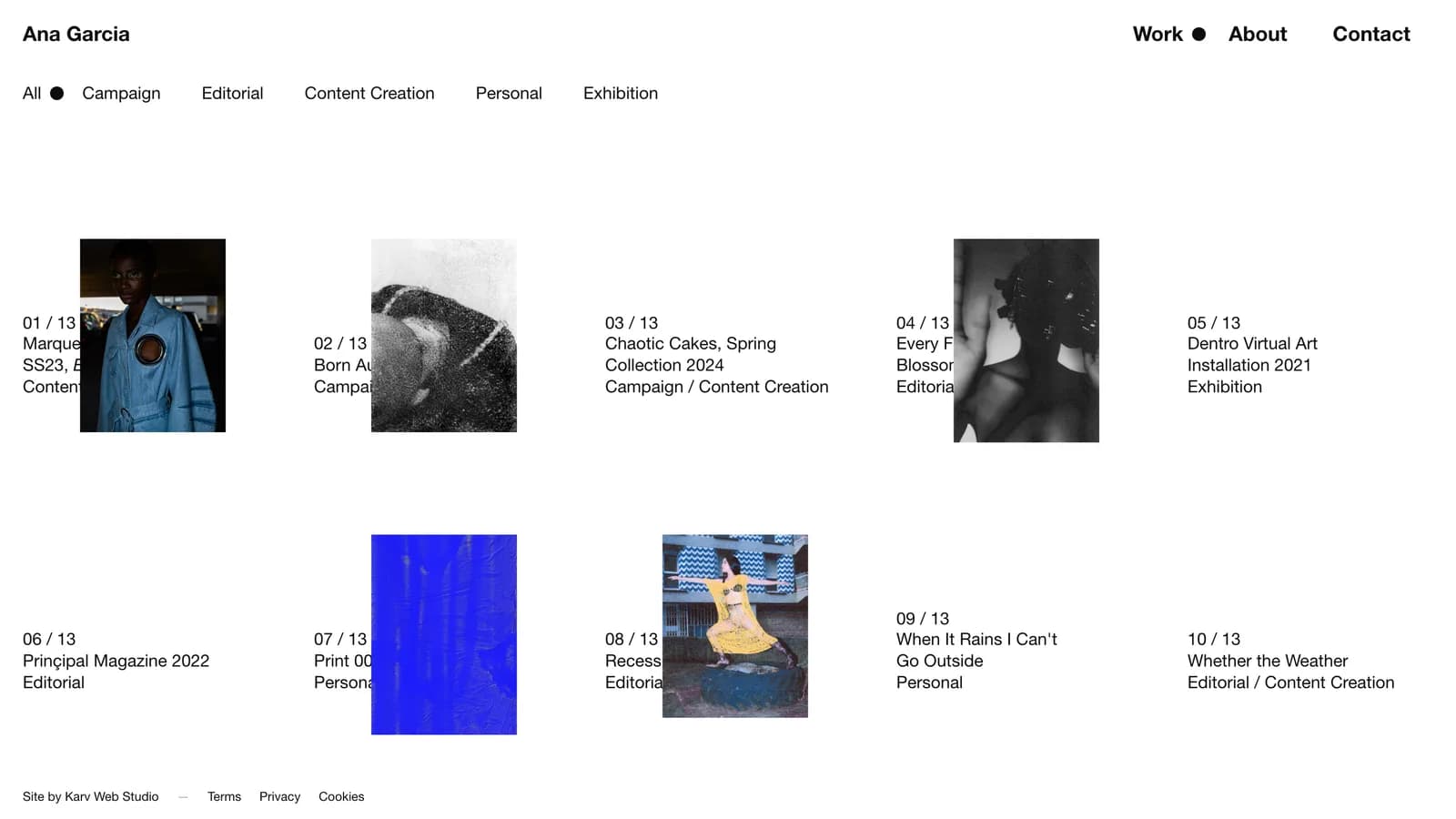 The work index: thirteen numbered projects on a sparse grid, images surfacing where they earn the space.