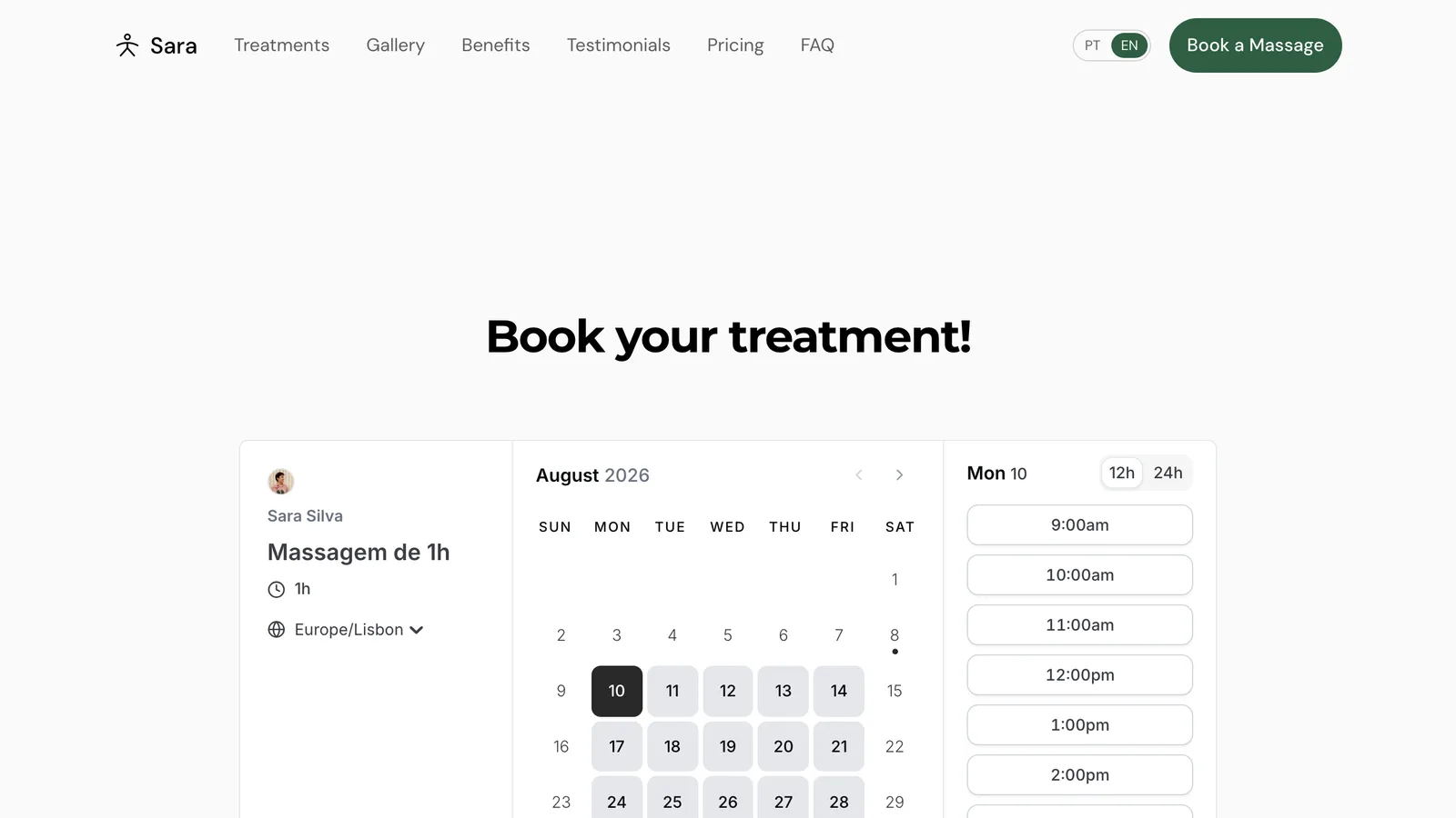 The booking page is a live calendar in the site. Pick a day, pick a time, booked. Shown here in English.