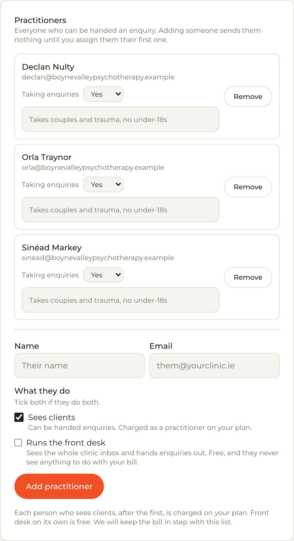The Practitioners card in Reception settings: three practitioners each with a taking-enquiries toggle and a Remove button, and a form to add another by name and email