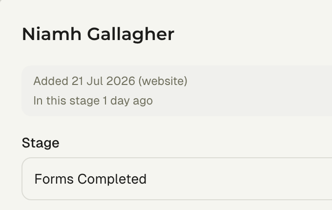 An enquiry open in Reception, showing it arrived from the website on 21 July and has been in the Forms Completed stage for one day