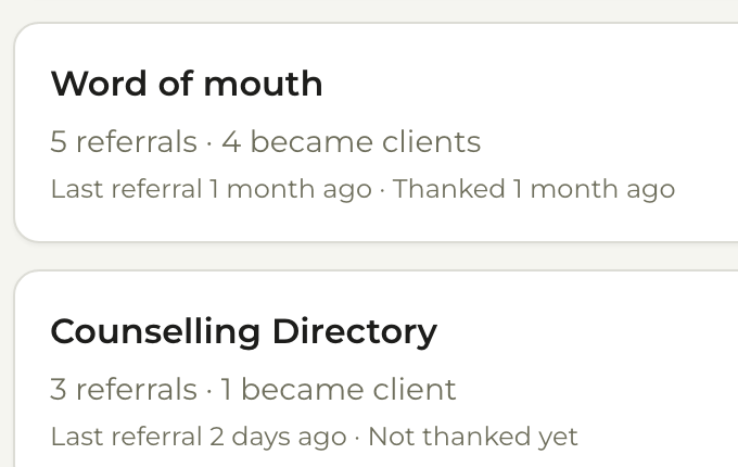 Reception's referral sources list: word of mouth with 5 referrals and 4 became clients, and Counselling Directory with 3 referrals and 1 became client